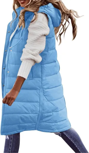 Quilted Jackets for Women Long Down Jacket Vest Fleece Jacket Long Warm Winter Coat Outerwear Zip Up Hoodie Pockets