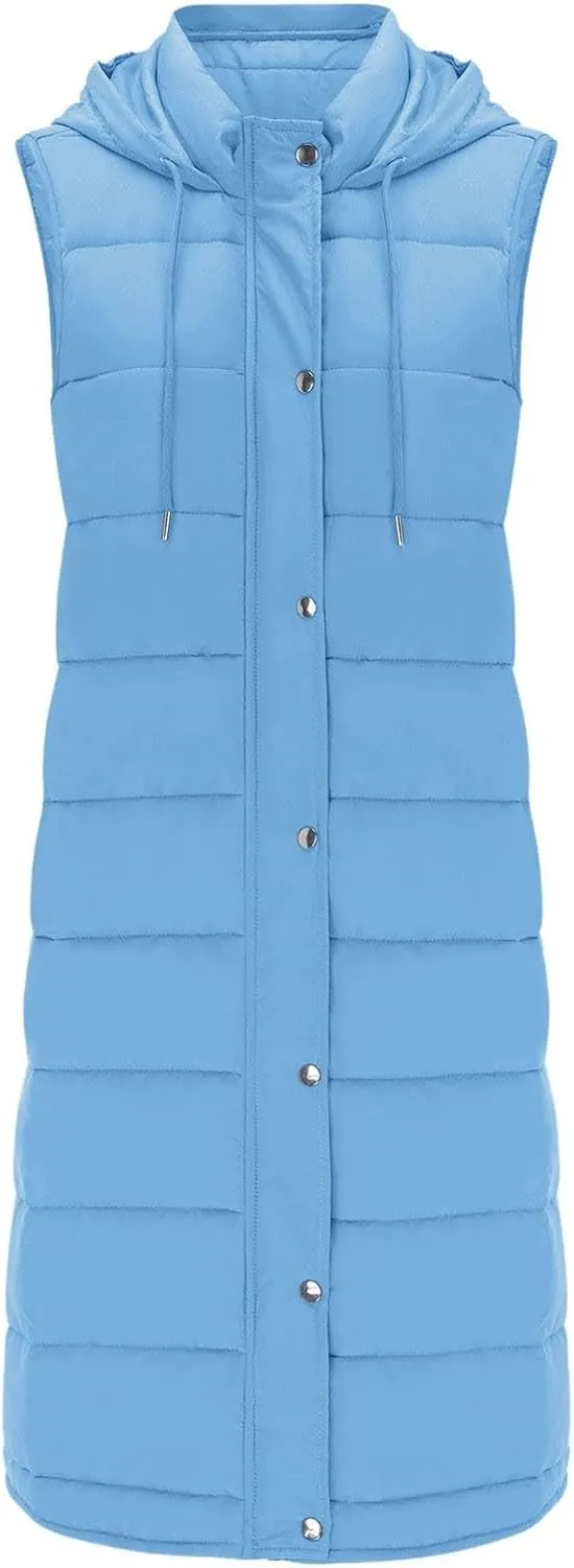 Quilted Jackets for Women Long Down Jacket Vest Fleece Jacket Long Warm Winter Coat Outerwear Zip Up Hoodie Pockets