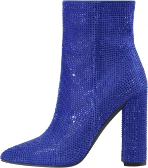 richealnini Womens Sexy Rhinestones Pointed Toe Block High Heel Ankle Boots