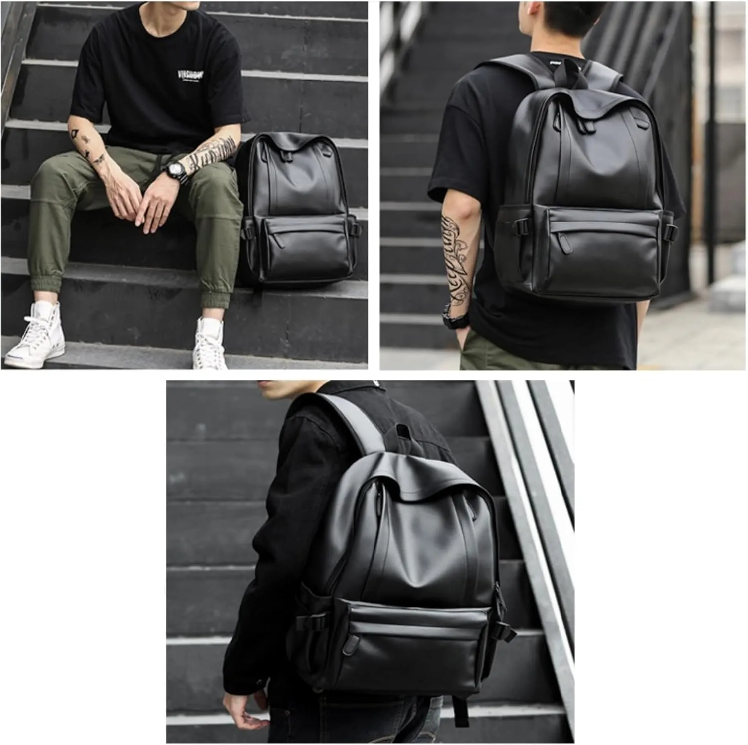 ROSTNK Leather Backpack for Men Black Laptop Computer Backpack Large Capacity Business Ladies Retro Leisure Travel Backpack (Backpack1)