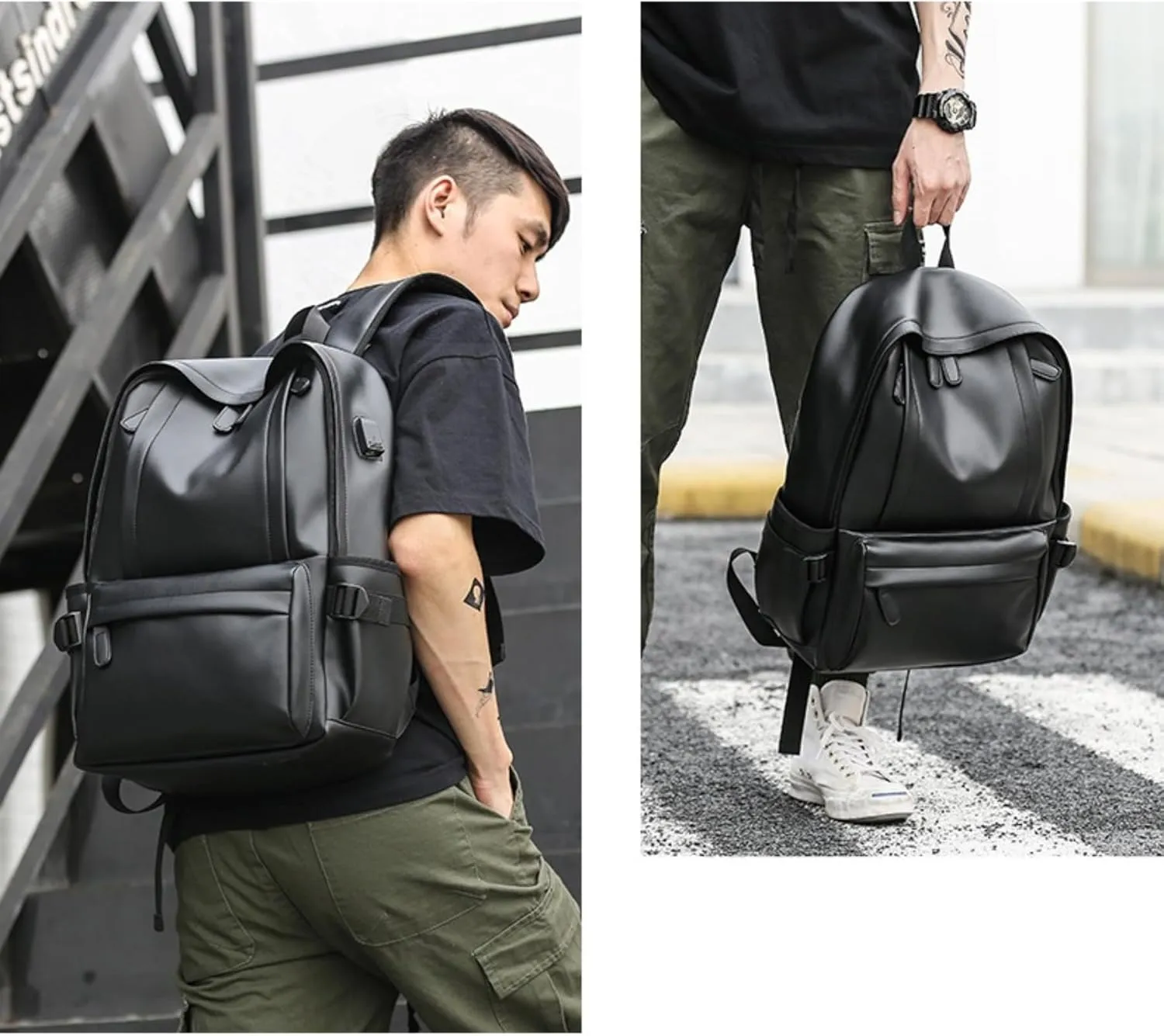 ROSTNK Leather Backpack for Men Black Laptop Computer Backpack Large Capacity Business Ladies Retro Leisure Travel Backpack (Backpack1)