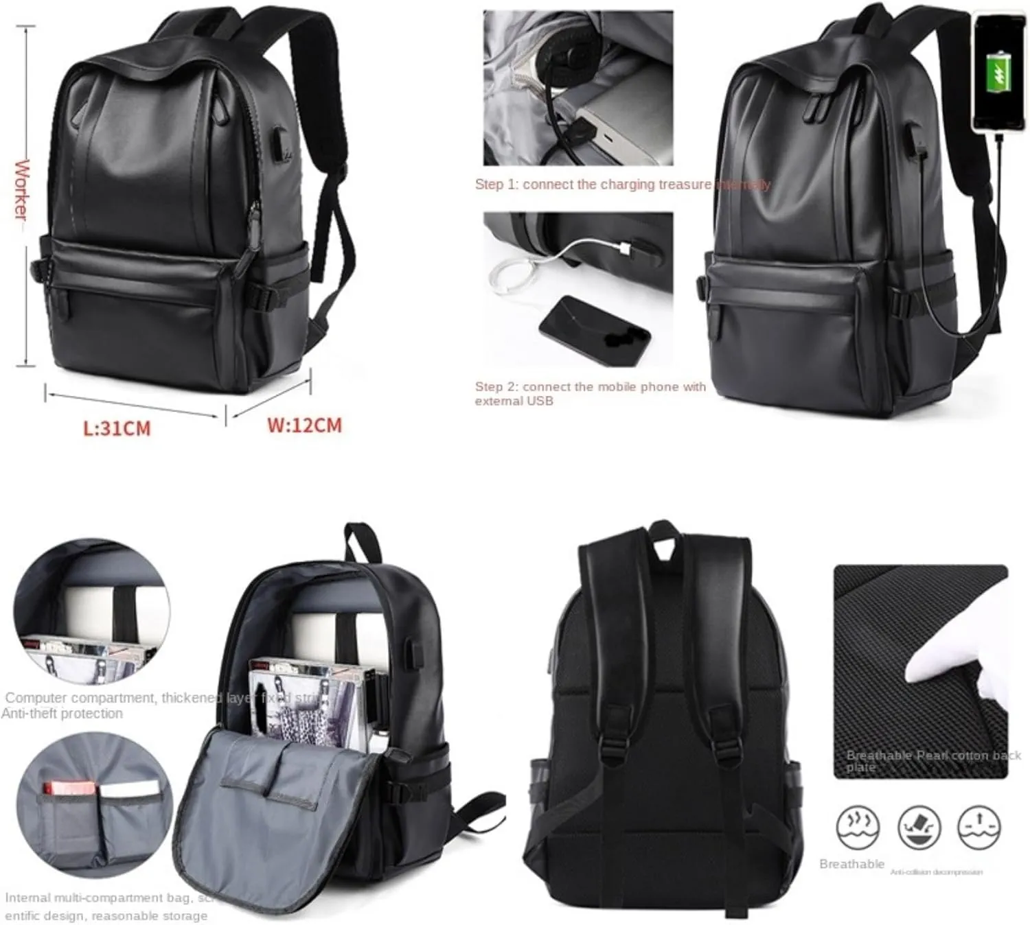 ROSTNK Leather Backpack for Men Black Laptop Computer Backpack Large Capacity Business Ladies Retro Leisure Travel Backpack (Backpack1)
