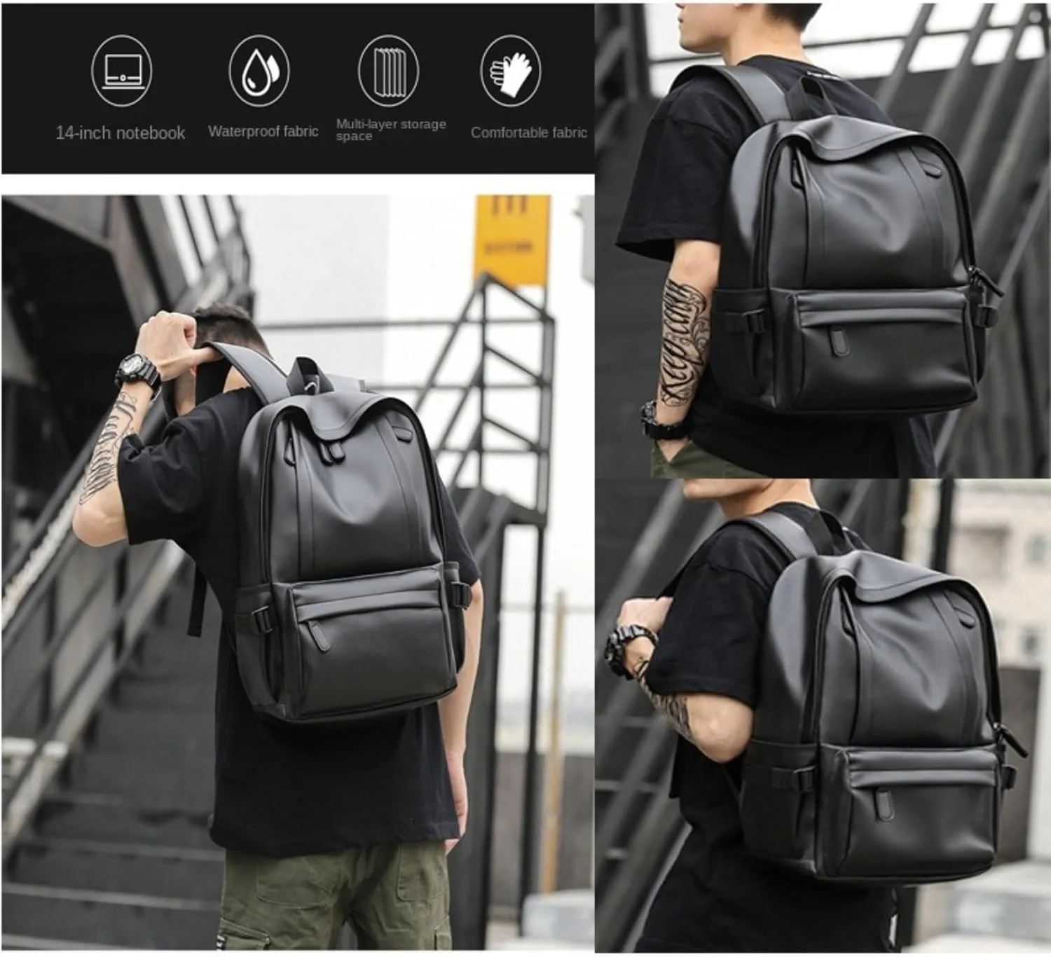 ROSTNK Leather Backpack for Men Black Laptop Computer Backpack Large Capacity Business Ladies Retro Leisure Travel Backpack (Backpack1)