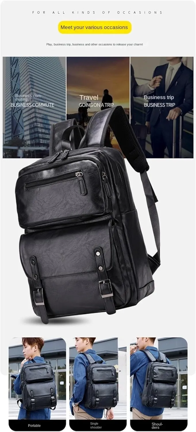 ROSTNK Leather Backpack for Men Black Laptop Computer Backpack Large Capacity Business Ladies Retro Leisure Travel Backpack (Backpack5)