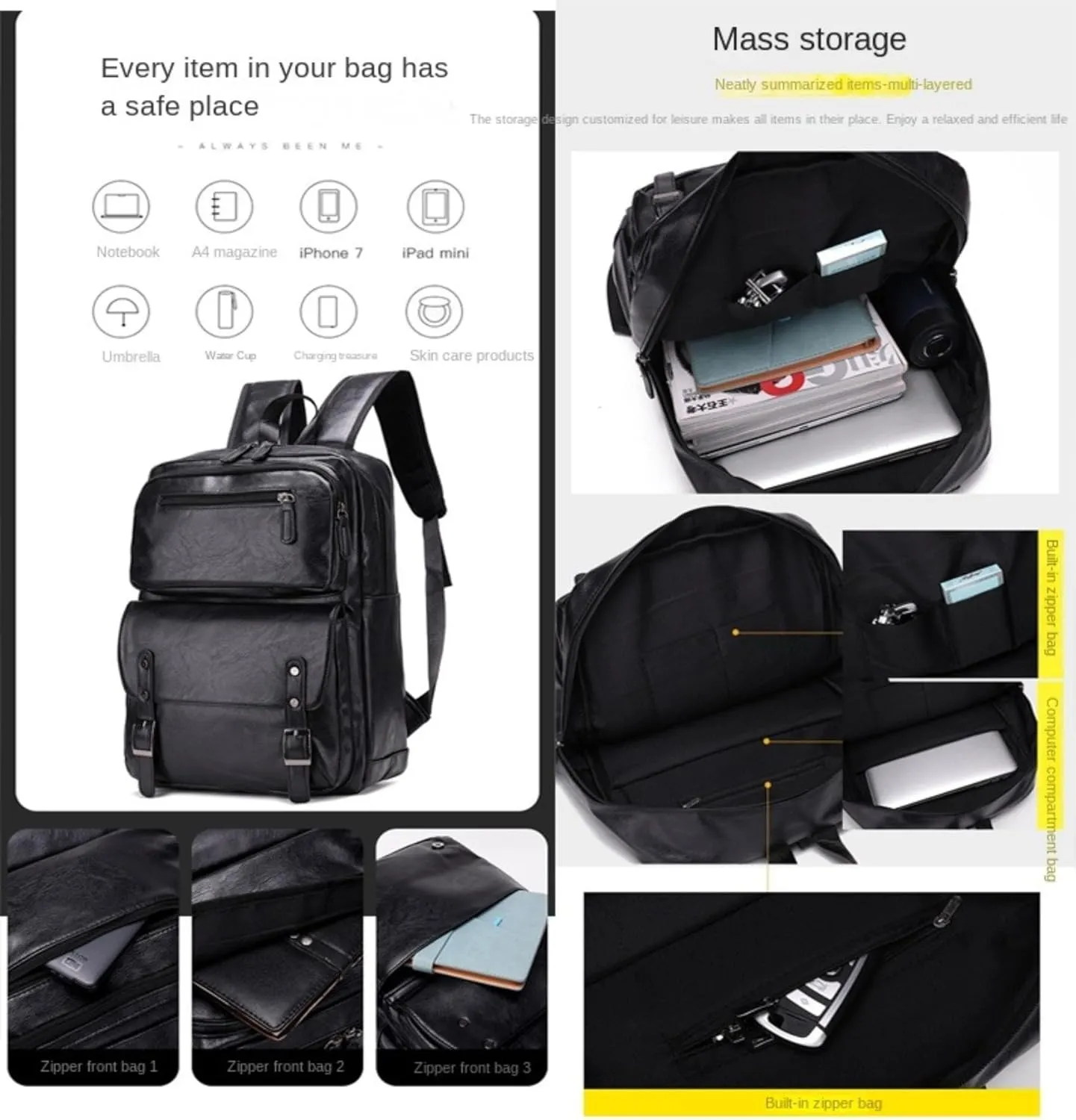 ROSTNK Leather Backpack for Men Black Laptop Computer Backpack Large Capacity Business Ladies Retro Leisure Travel Backpack (Backpack5)