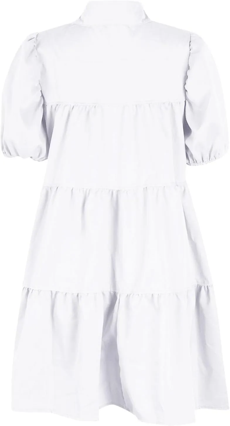 Ruffle Mini Dress for Women Plus Size Puff Sleeve Pleated Loose Dress Button Down Lapel Collar Summer Flowy Dress