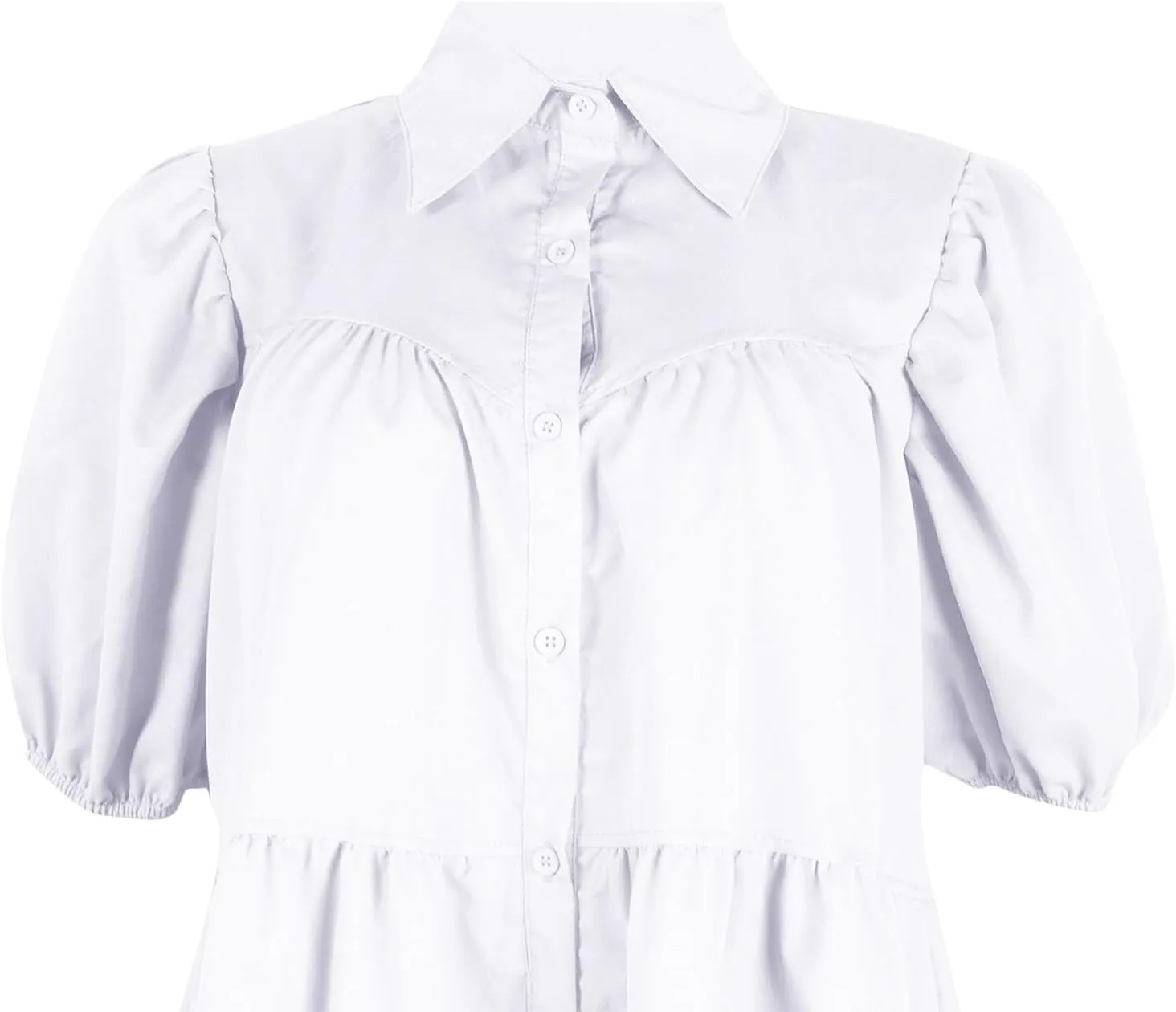 Ruffle Mini Dress for Women Plus Size Puff Sleeve Pleated Loose Dress Button Down Lapel Collar Summer Flowy Dress