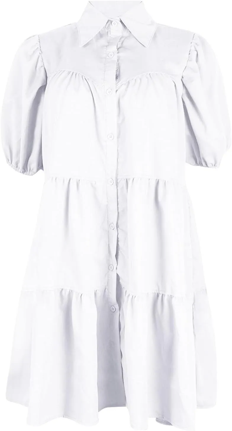 Ruffle Mini Dress for Women Plus Size Puff Sleeve Pleated Loose Dress Button Down Lapel Collar Summer Flowy Dress