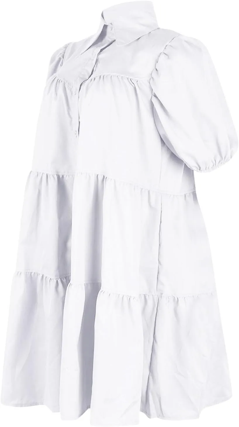 Ruffle Mini Dress for Women Plus Size Puff Sleeve Pleated Loose Dress Button Down Lapel Collar Summer Flowy Dress