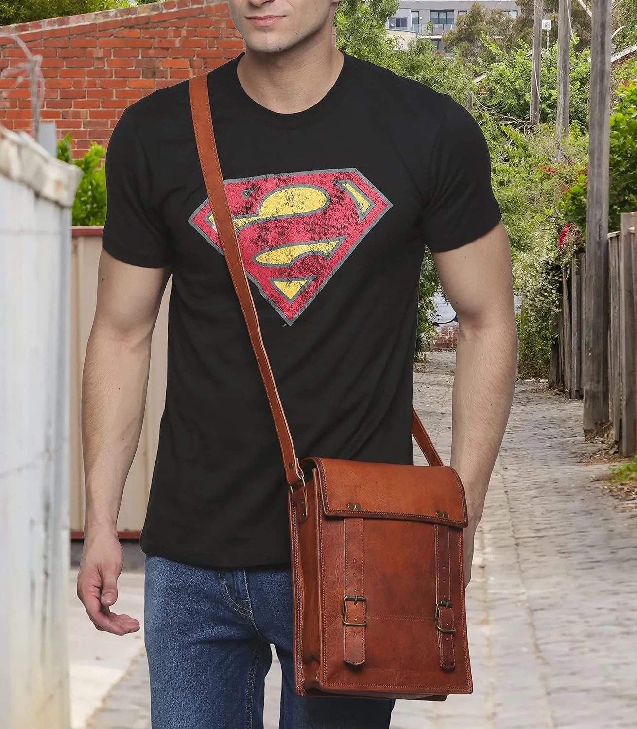 RUSTIC TOWN Leather Satchel iPad Tablet Bag - Leather Saddle Bag Purse - Small Shoulder Bag for Men and Women