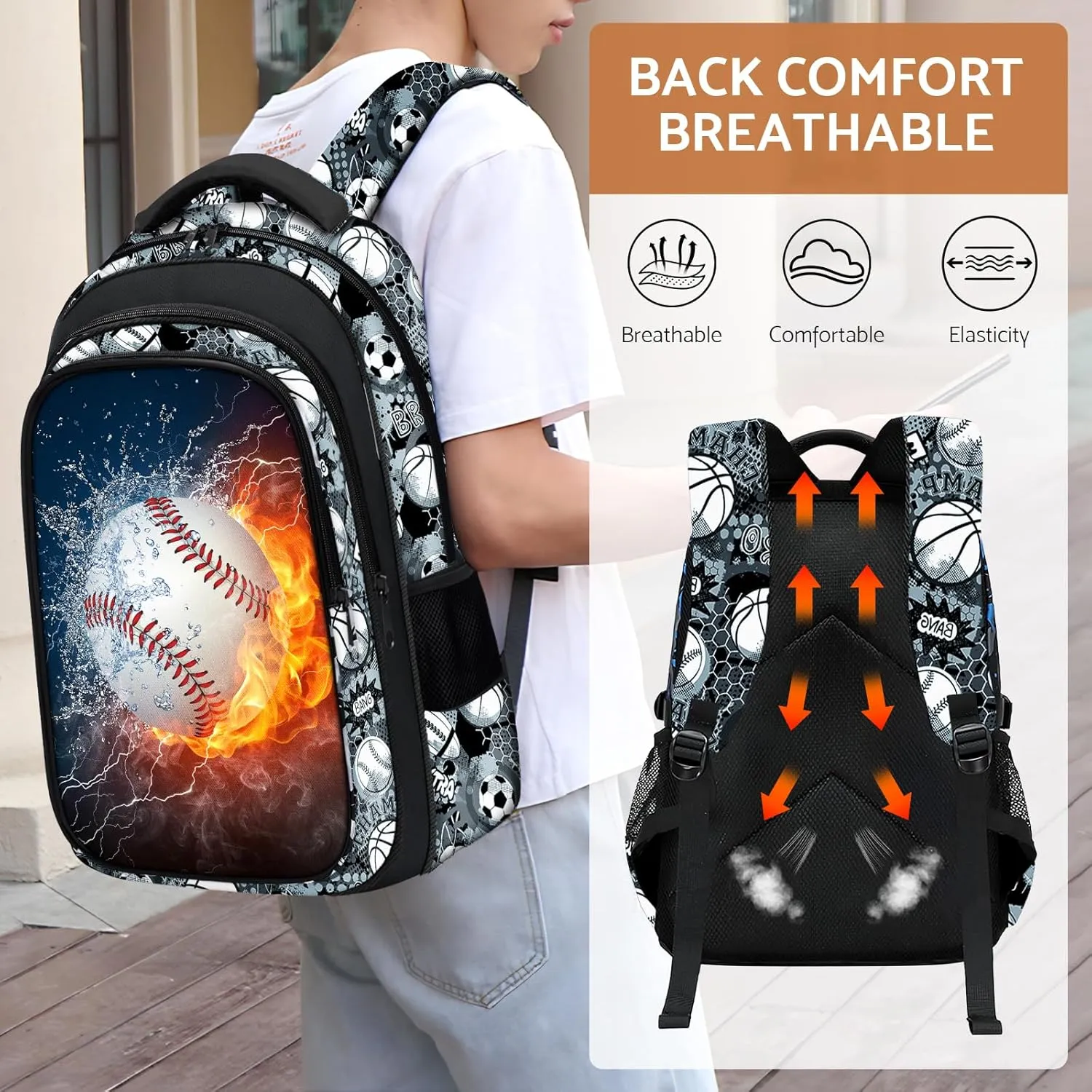 School Backpack for Boys - Baseball Boys Backpack for Kids Children Teens Elementary Middle School - 17 Sport Bookbag Travel Back Pack for Age 6-18
