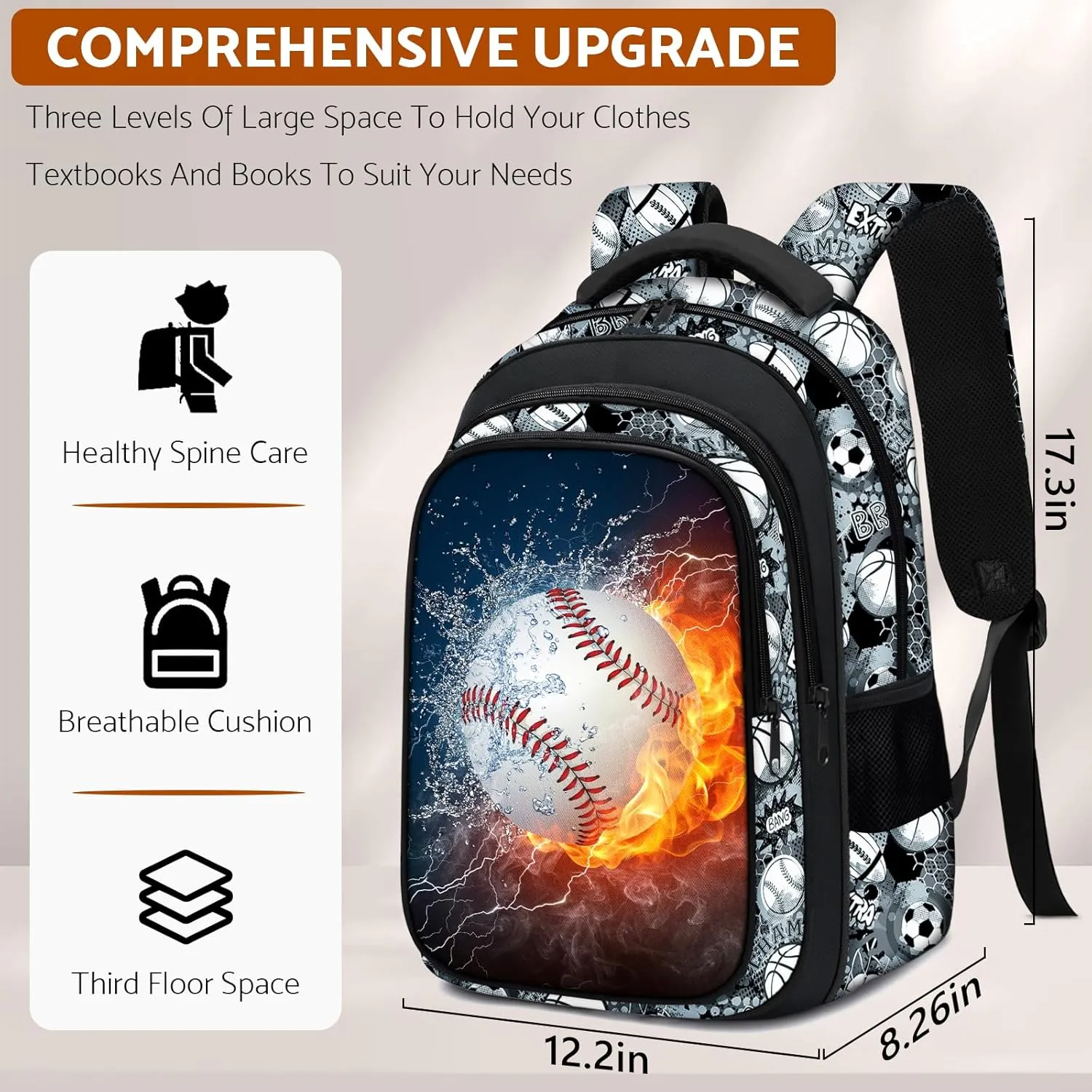 School Backpack for Boys - Baseball Boys Backpack for Kids Children Teens Elementary Middle School - 17 Sport Bookbag Travel Back Pack for Age 6-18