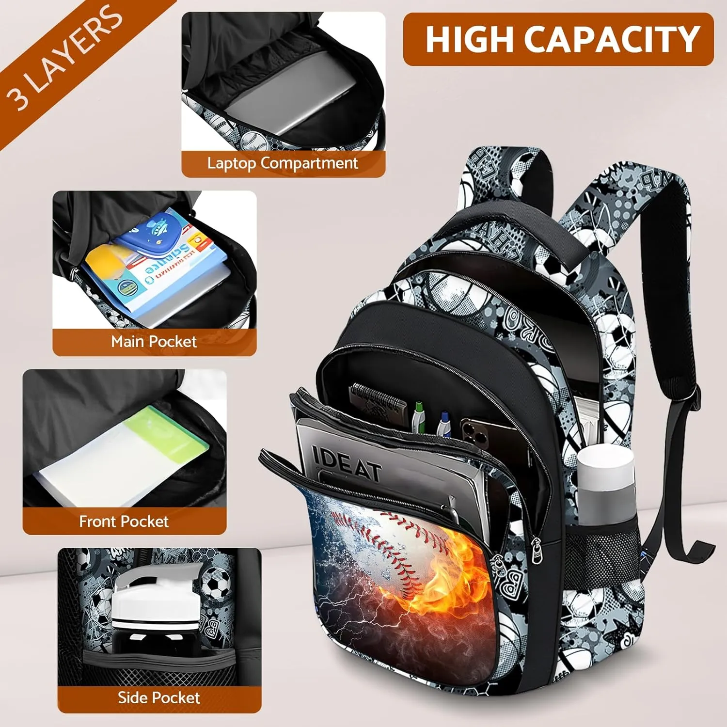 School Backpack for Boys - Baseball Boys Backpack for Kids Children Teens Elementary Middle School - 17 Sport Bookbag Travel Back Pack for Age 6-18