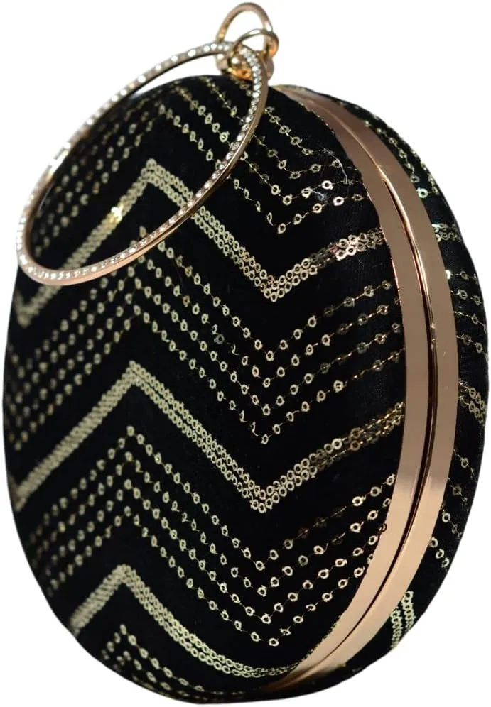 Sequins Embroidery Round Party Clutch Bag For Women | Wedding Clutch Purse With Detachable Chain Sling Strap