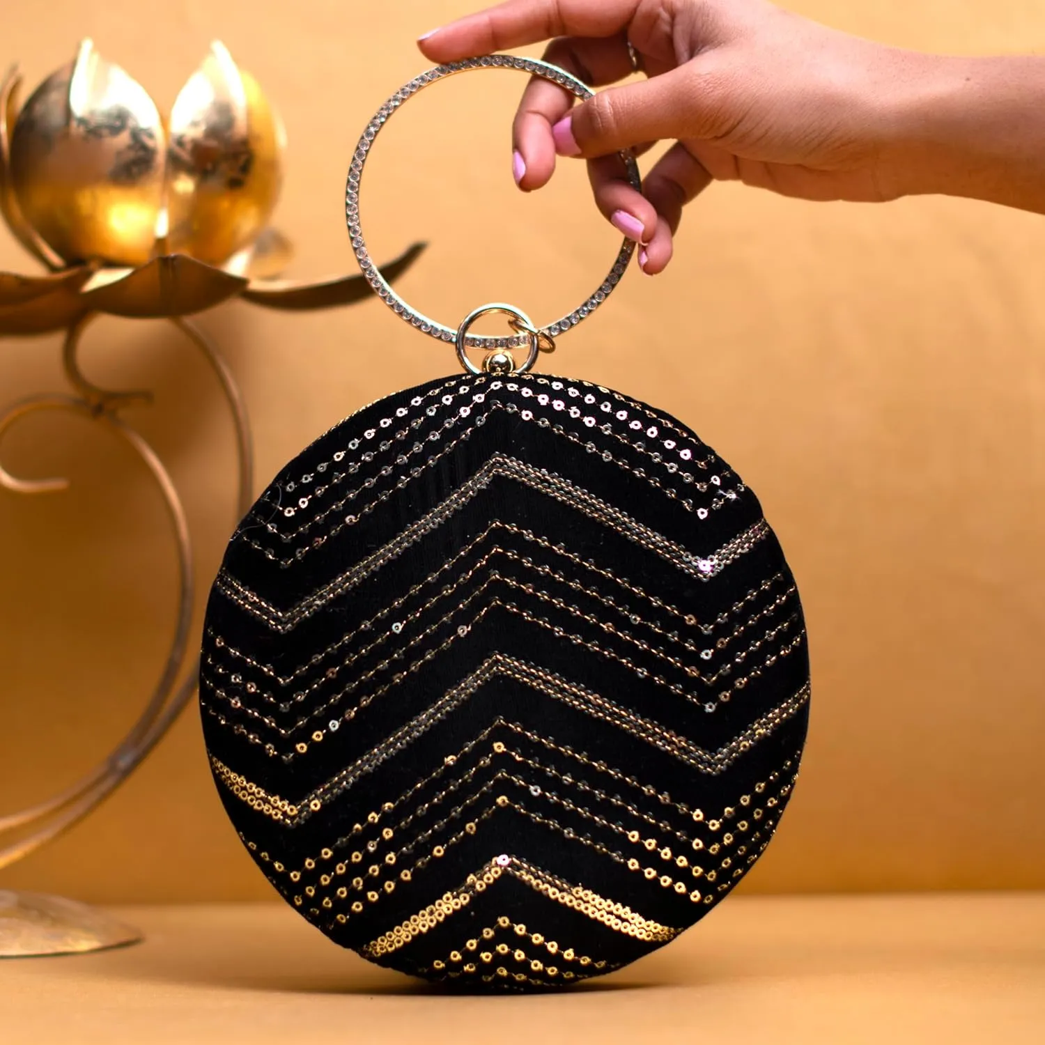 Sequins Embroidery Round Party Clutch Bag For Women | Wedding Clutch Purse With Detachable Chain Sling Strap