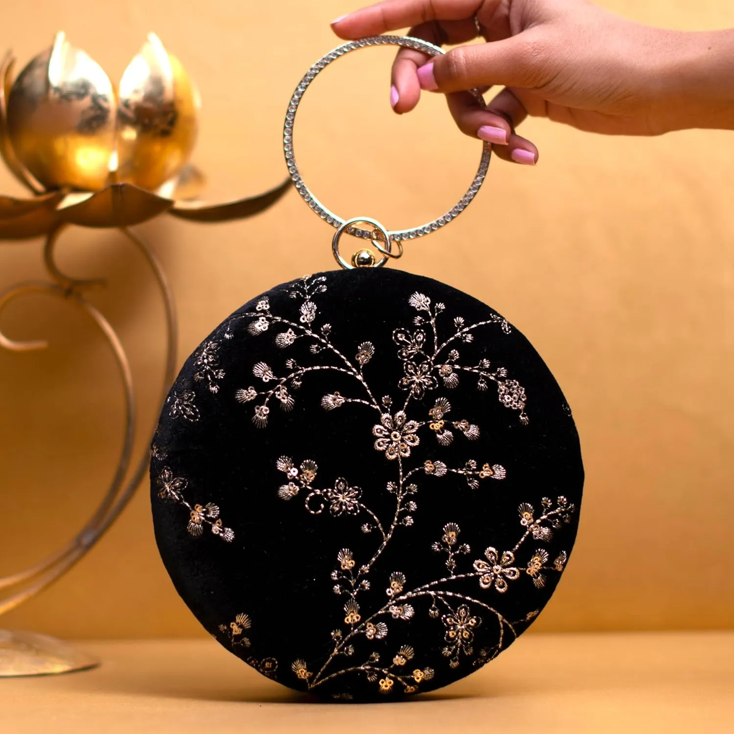 Sequins Embroidery Round Party Clutch Bag For Women | Wedding Clutch Purse With Detachable Chain Sling Strap