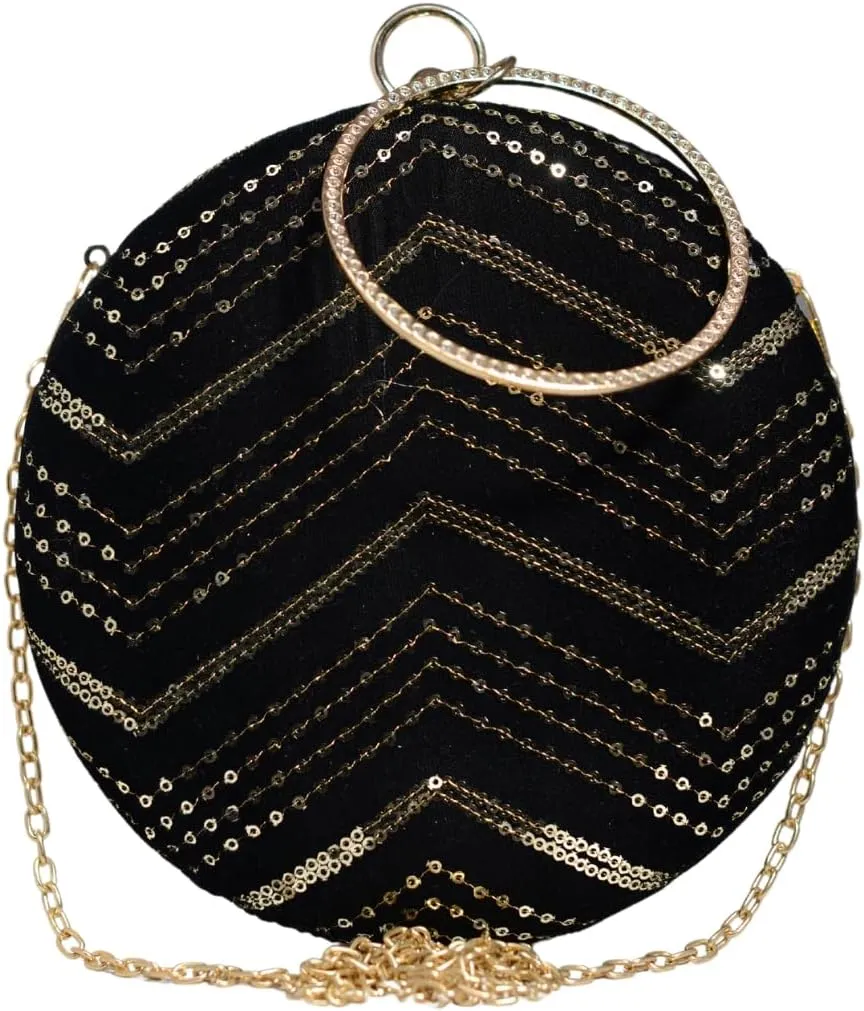 Sequins Embroidery Round Party Clutch Bag For Women | Wedding Clutch Purse With Detachable Chain Sling Strap