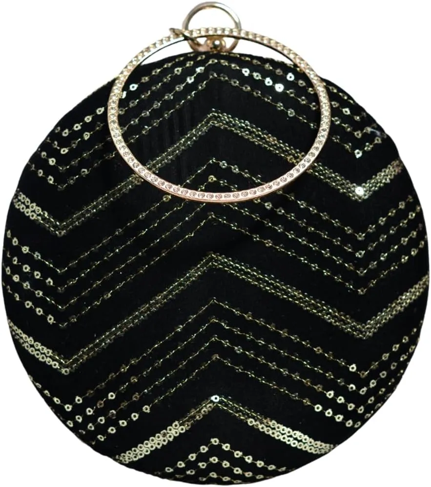 Sequins Embroidery Round Party Clutch Bag For Women | Wedding Clutch Purse With Detachable Chain Sling Strap