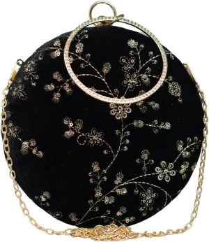 Sequins Embroidery Round Party Clutch Bag For Women | Wedding Clutch Purse With Detachable Chain Sling Strap