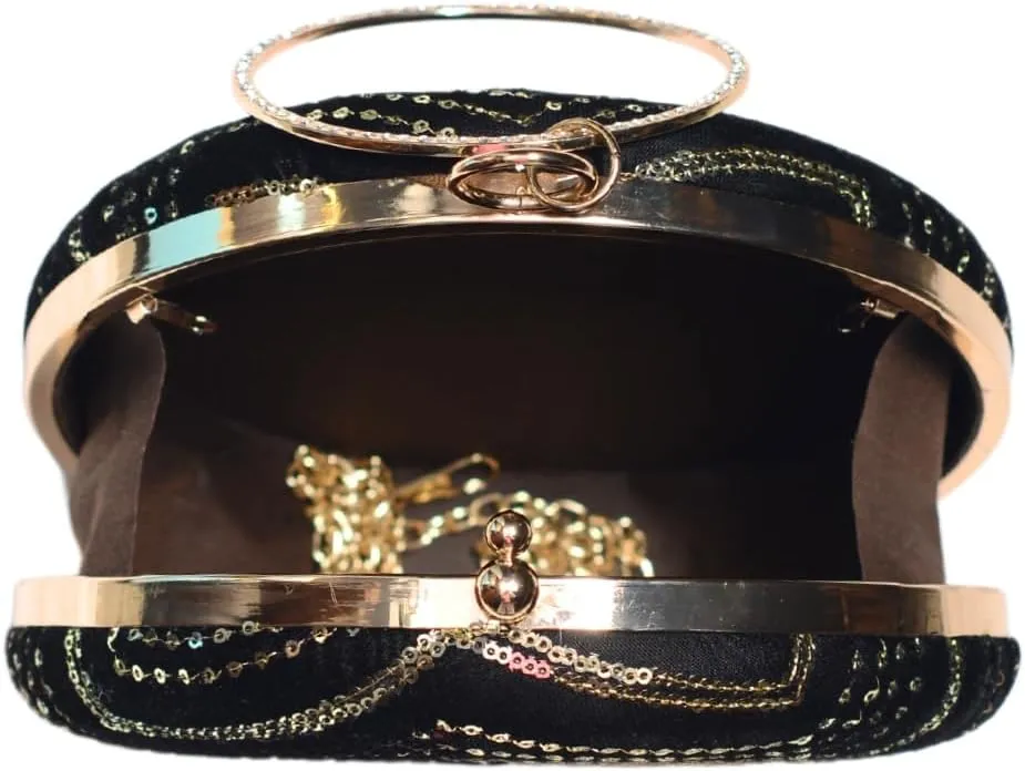 Sequins Embroidery Round Party Clutch Bag For Women | Wedding Clutch Purse With Detachable Chain Sling Strap