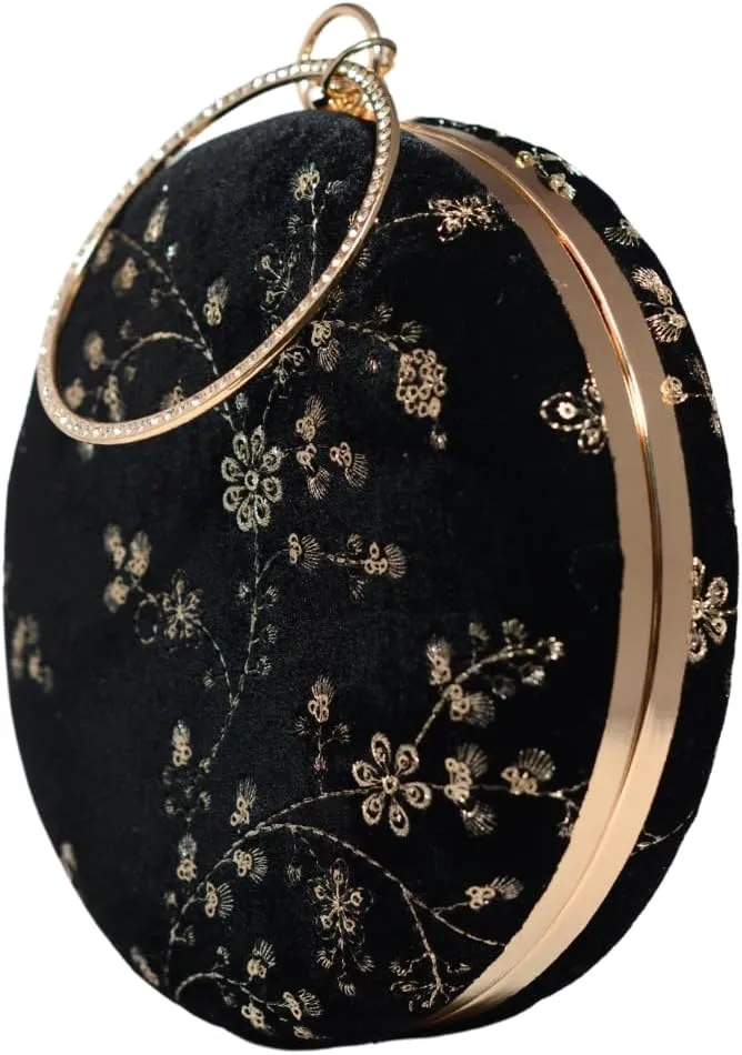 Sequins Embroidery Round Party Clutch Bag For Women | Wedding Clutch Purse With Detachable Chain Sling Strap