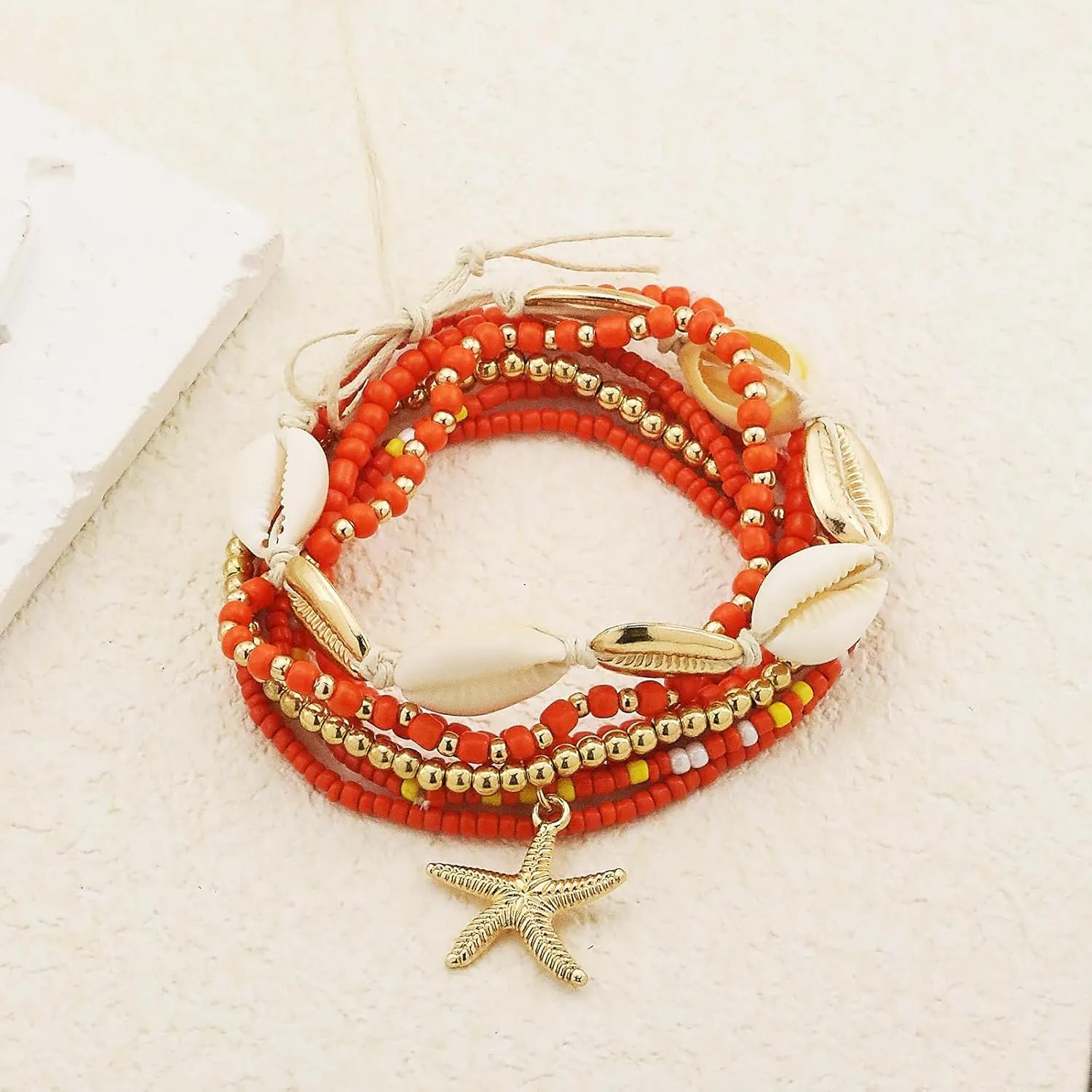 Shell Anklets Bracelet for Women Waterproof Surfer Starfish Bracelet Puka Shell Anklet Colorful Boho Stack Stretch Bead Bracelet Set Hawaii Summer Beach Vacation Foot Jewelry