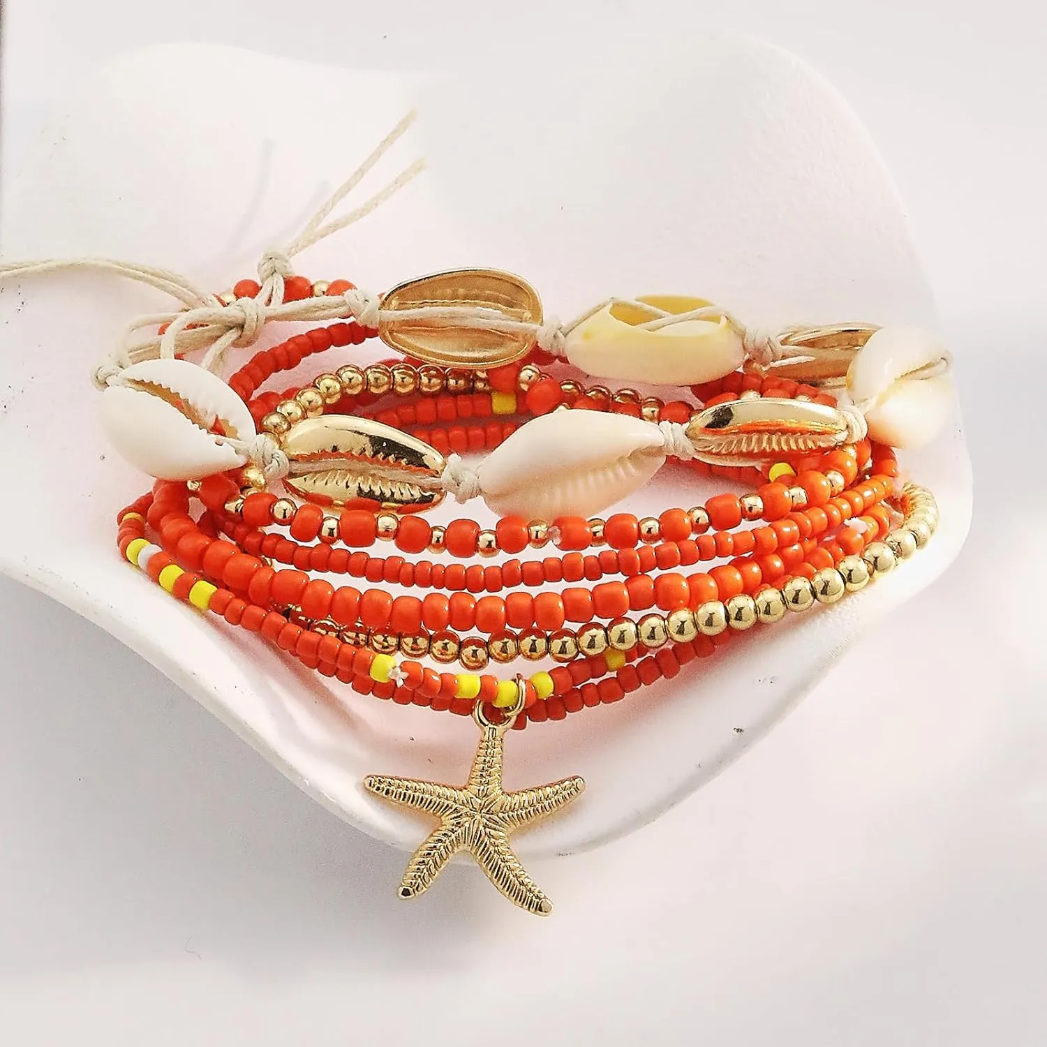 Shell Anklets Bracelet for Women Waterproof Surfer Starfish Bracelet Puka Shell Anklet Colorful Boho Stack Stretch Bead Bracelet Set Hawaii Summer Beach Vacation Foot Jewelry