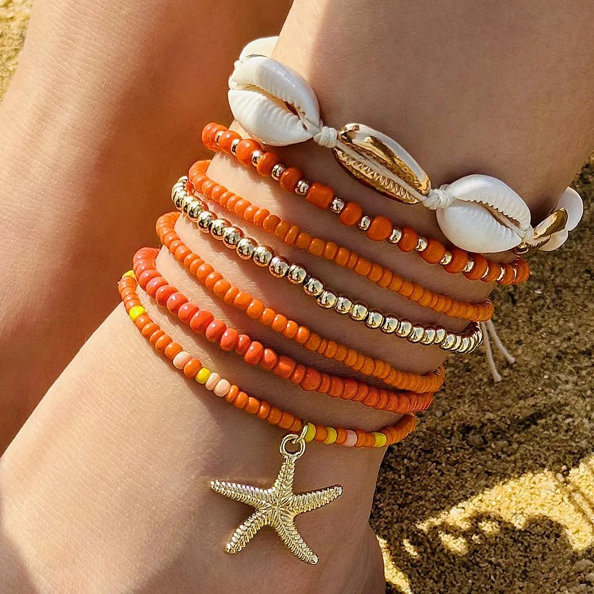 Shell Anklets Bracelet for Women Waterproof Surfer Starfish Bracelet Puka Shell Anklet Colorful Boho Stack Stretch Bead Bracelet Set Hawaii Summer Beach Vacation Foot Jewelry