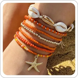 Shell Anklets Bracelet for Women Waterproof Surfer Starfish Bracelet Puka Shell Anklet Colorful Boho Stack Stretch Bead Bracelet Set Hawaii Summer Beach Vacation Foot Jewelry