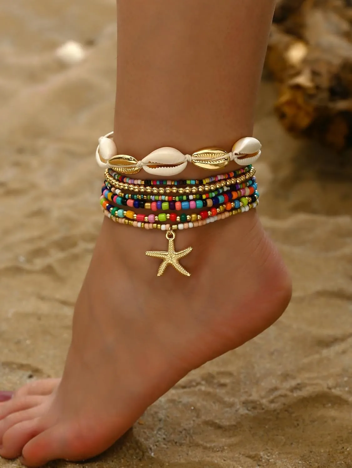Shell Starfish Anklets Bracelet for Women,Boho Seashell Beaded Anklet Colorful Beaded Puka Shell Anklet Summer Beach Waterproof Surfer Starfish Anklets Jewelry