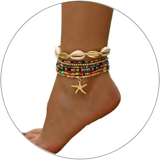 Shell Starfish Anklets Bracelet for Women,Boho Seashell Beaded Anklet Colorful Beaded Puka Shell Anklet Summer Beach Waterproof Surfer Starfish Anklets Jewelry