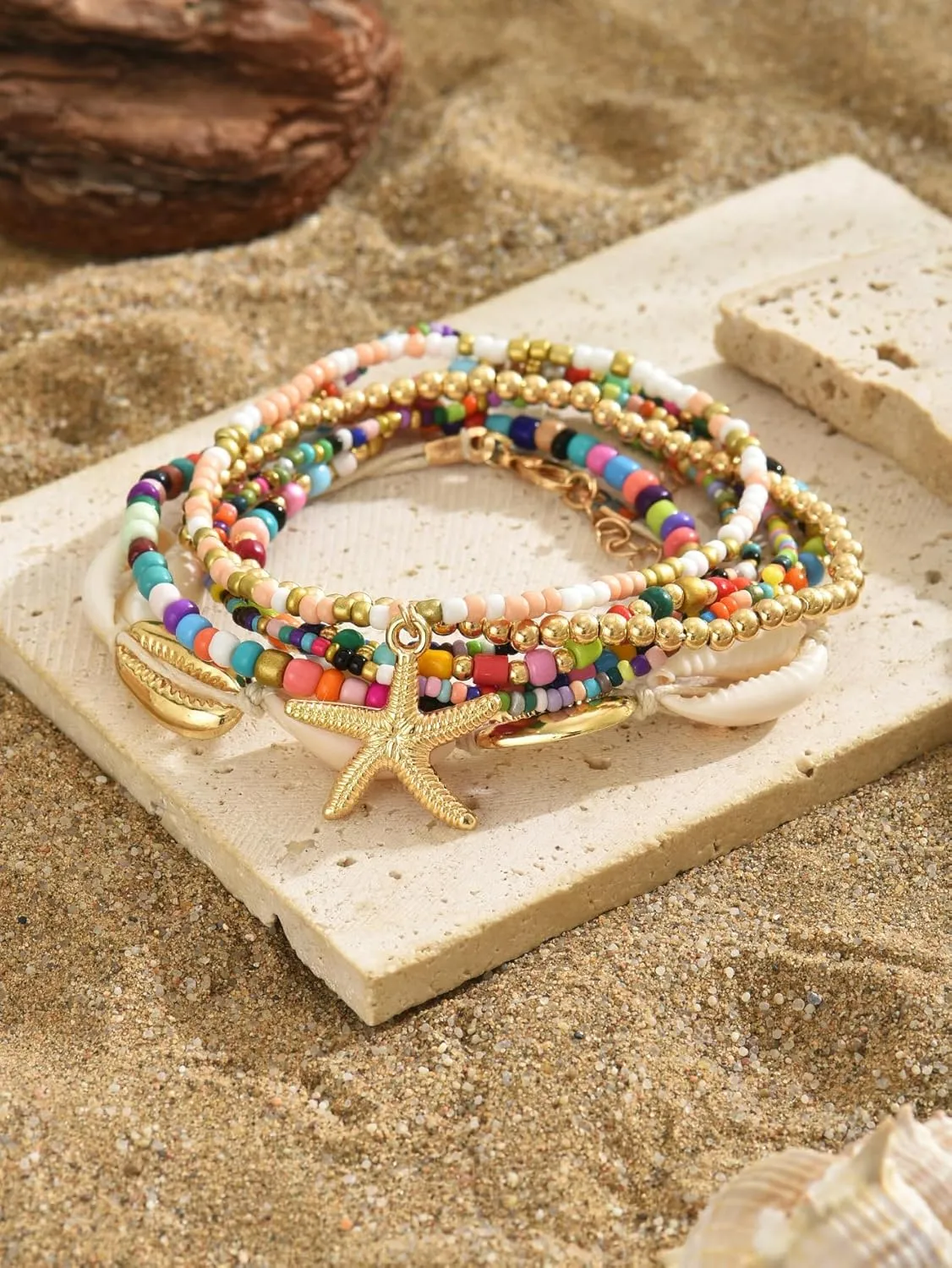 Shell Starfish Anklets Bracelet for Women,Boho Seashell Beaded Anklet Colorful Beaded Puka Shell Anklet Summer Beach Waterproof Surfer Starfish Anklets Jewelry