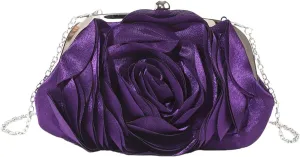 Shoulder HandbagWomen Elegant Rose Flower Satins Evening Clutches Bag with Detachable Chain for Wedding Parties Event Handbag Purse