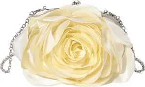 Shoulder HandbagWomen Elegant Rose Flower Satins Evening Clutches Bag with Detachable Chain for Wedding Parties Event Handbag Purse