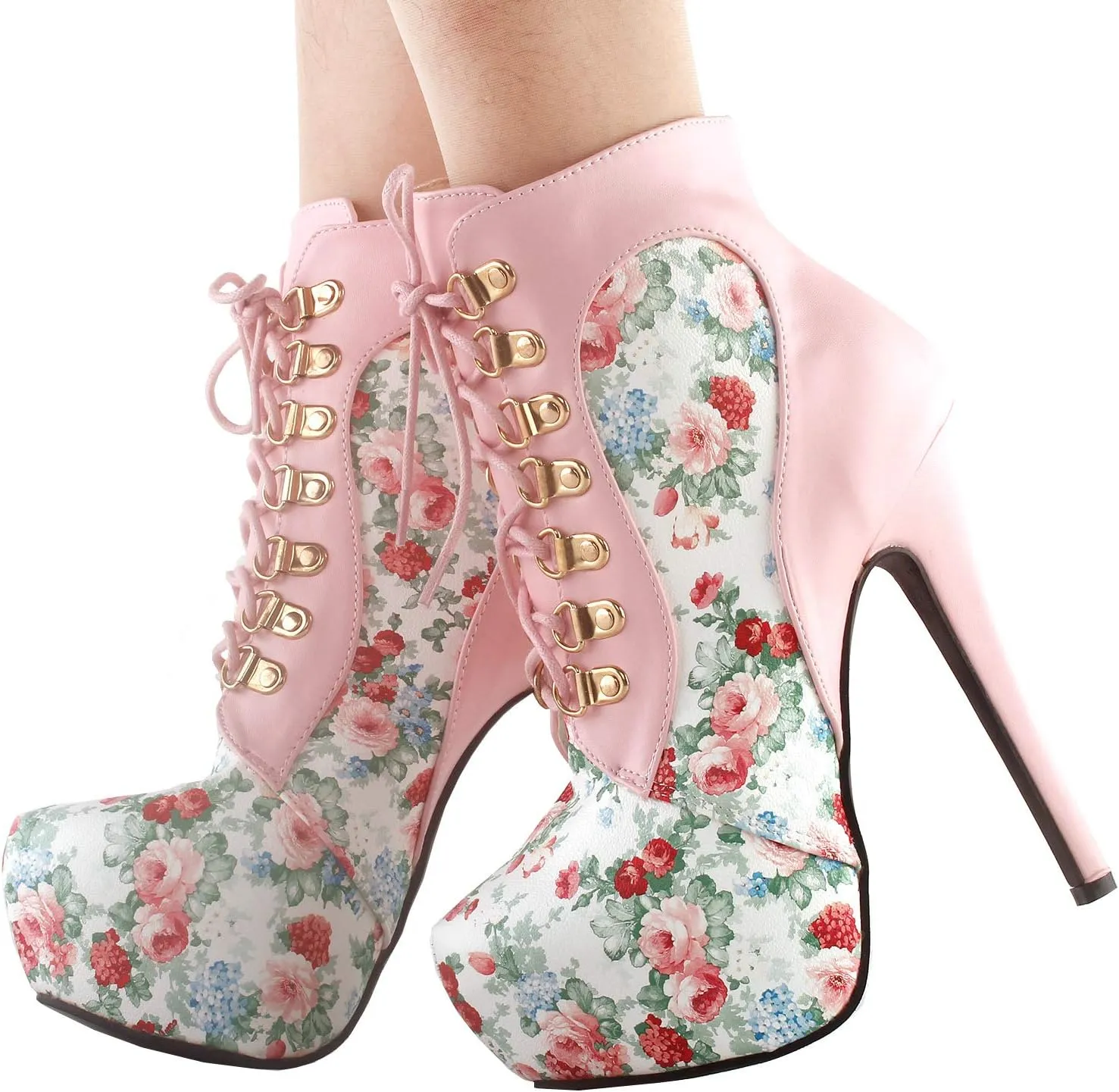 SHOW STORY Black/Pink/Purple Lace Up Stiletto Heel Gothic Ankle Boots,LF80831