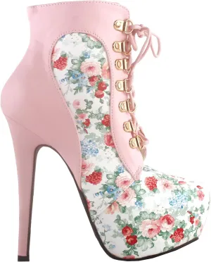 SHOW STORY Black/Pink/Purple Lace Up Stiletto Heel Gothic Ankle Boots,LF80831