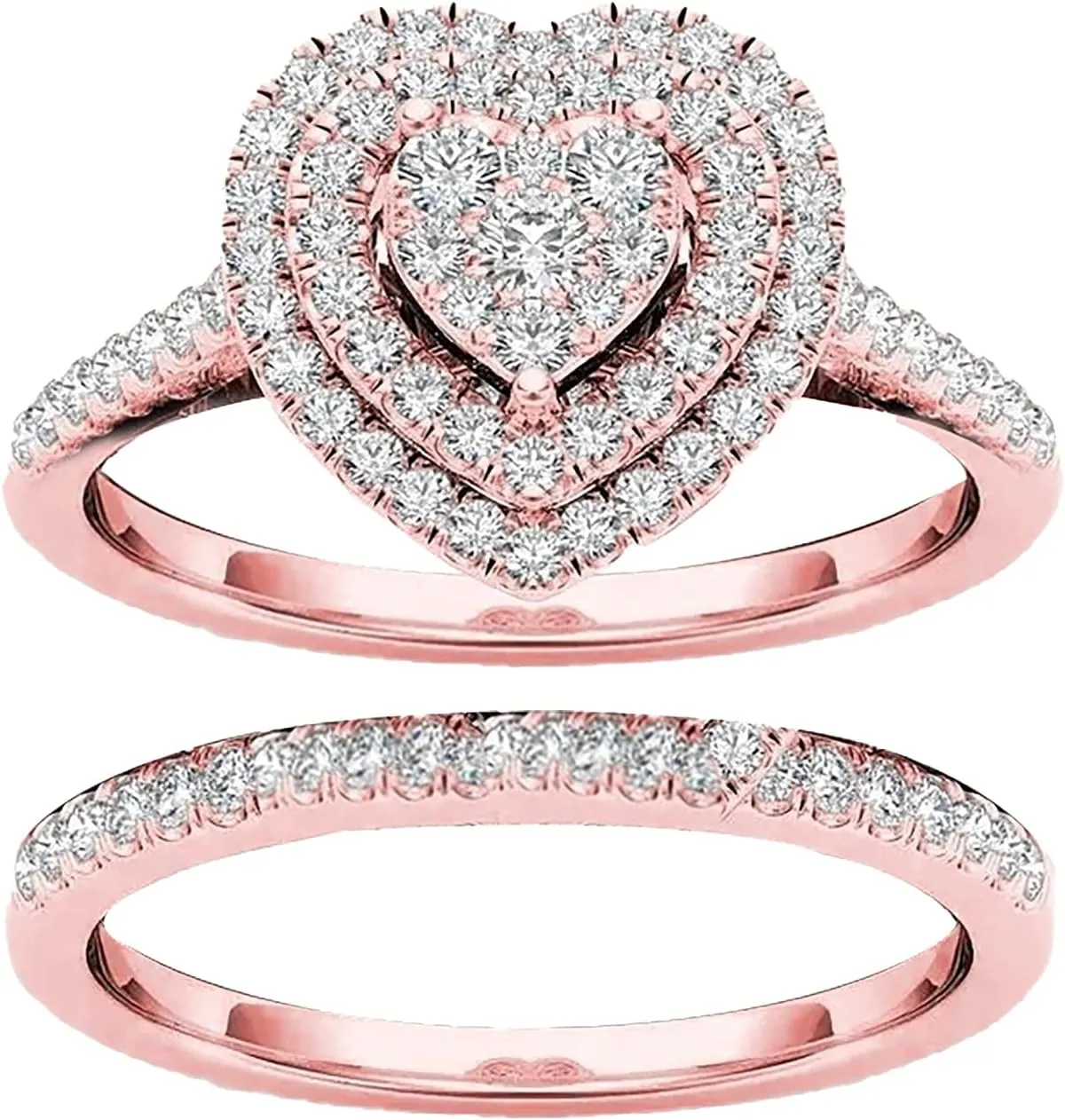 Silver Gold Plated Bridal Engagement Ring Band Set, Heart Cubic Zirconia CZ 2pc Wedding Band Stackable Ring Set