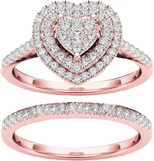 Silver Gold Plated Bridal Engagement Ring Band Set, Heart Cubic Zirconia CZ 2pc Wedding Band Stackable Ring Set
