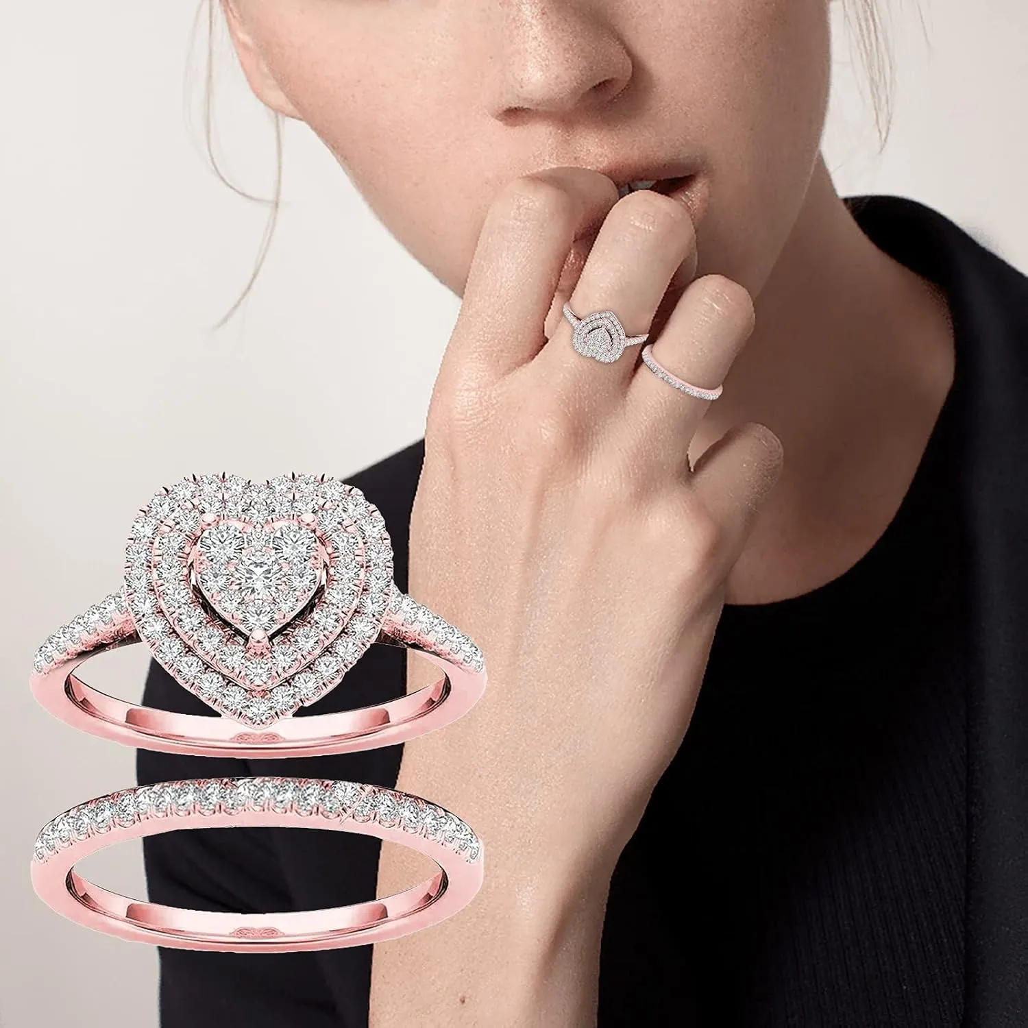 Silver Gold Plated Bridal Engagement Ring Band Set, Heart Cubic Zirconia CZ 2pc Wedding Band Stackable Ring Set