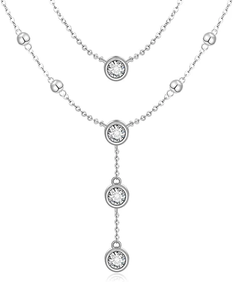 Silver Layered Necklaces for Women Layered Necklace Sterling Silver 925 Trendy Y Layering Necklaces Double Layer Cubic Zirconia Pendant Jewelry
