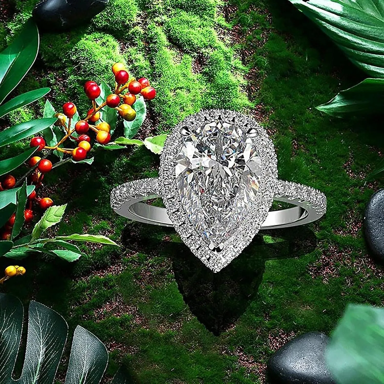 Silver White Cubic Zirconia Ring Set Valentine's Pear Cut Bridal Set CZ Teardrop Shape Engagement Ring for Women