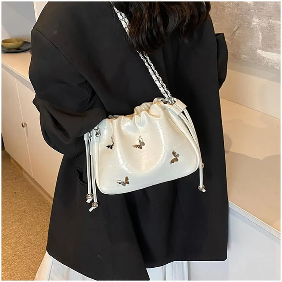 Small Leather Butterfly Drawstring Bucket Bag for Women Satchel Hobo Bucket Handbag and Purse Y2k Hobo Bag with Chain