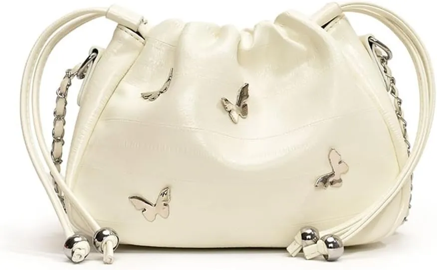 Small Leather Butterfly Drawstring Bucket Bag for Women Satchel Hobo Bucket Handbag and Purse Y2k Hobo Bag with Chain