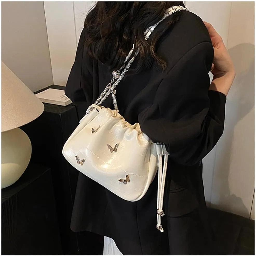 Small Leather Butterfly Drawstring Bucket Bag for Women Satchel Hobo Bucket Handbag and Purse Y2k Hobo Bag with Chain