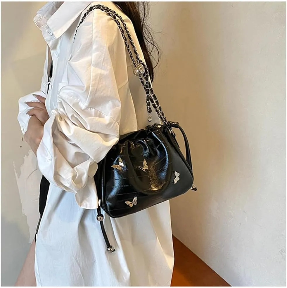 Small Leather Butterfly Drawstring Bucket Bag for Women Satchel Hobo Bucket Handbag and Purse Y2k Hobo Bag with Chain