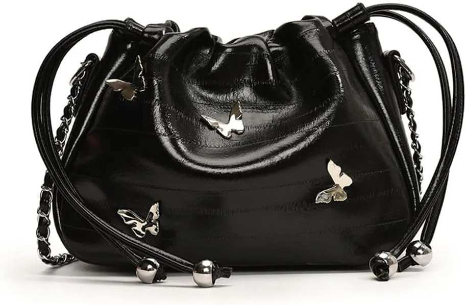 Small Leather Butterfly Drawstring Bucket Bag for Women Satchel Hobo Bucket Handbag and Purse Y2k Hobo Bag with Chain