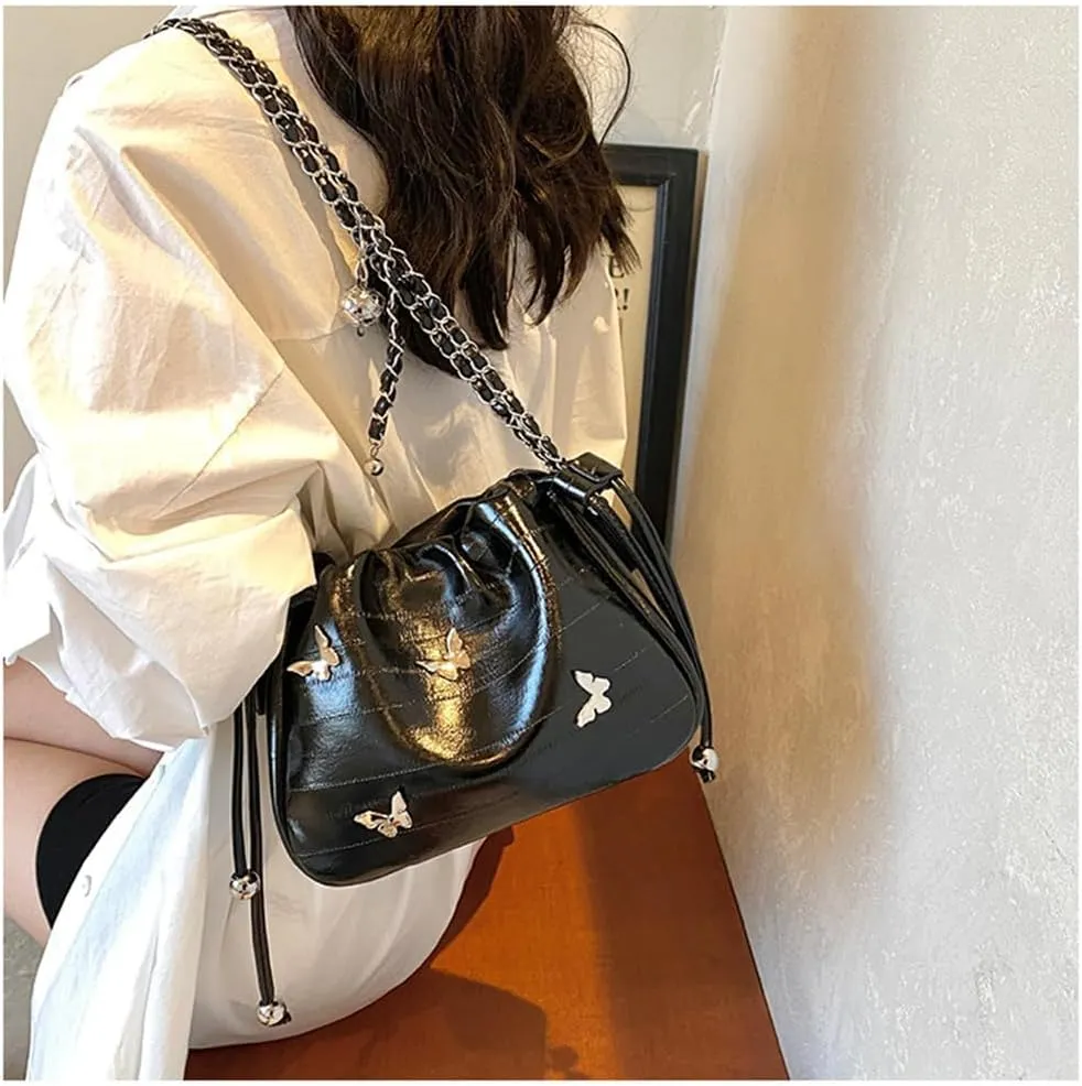 Small Leather Butterfly Drawstring Bucket Bag for Women Satchel Hobo Bucket Handbag and Purse Y2k Hobo Bag with Chain
