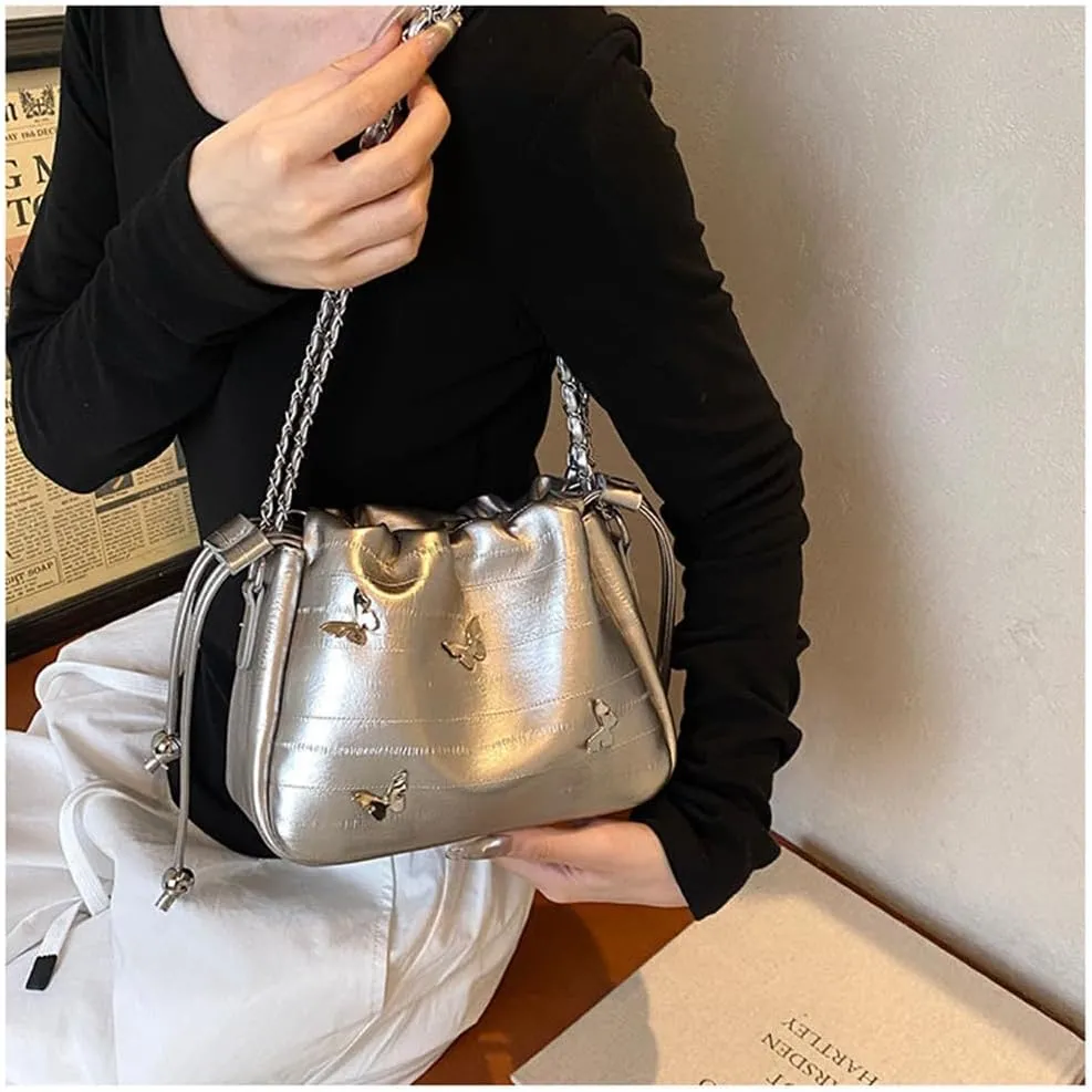 Small Leather Butterfly Drawstring Bucket Bag for Women Satchel Hobo Bucket Handbag and Purse Y2k Hobo Bag with Chain