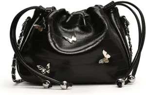 Small Leather Butterfly Drawstring Bucket Bag for Women Satchel Hobo Bucket Handbag and Purse Y2k Hobo Bag with Chain