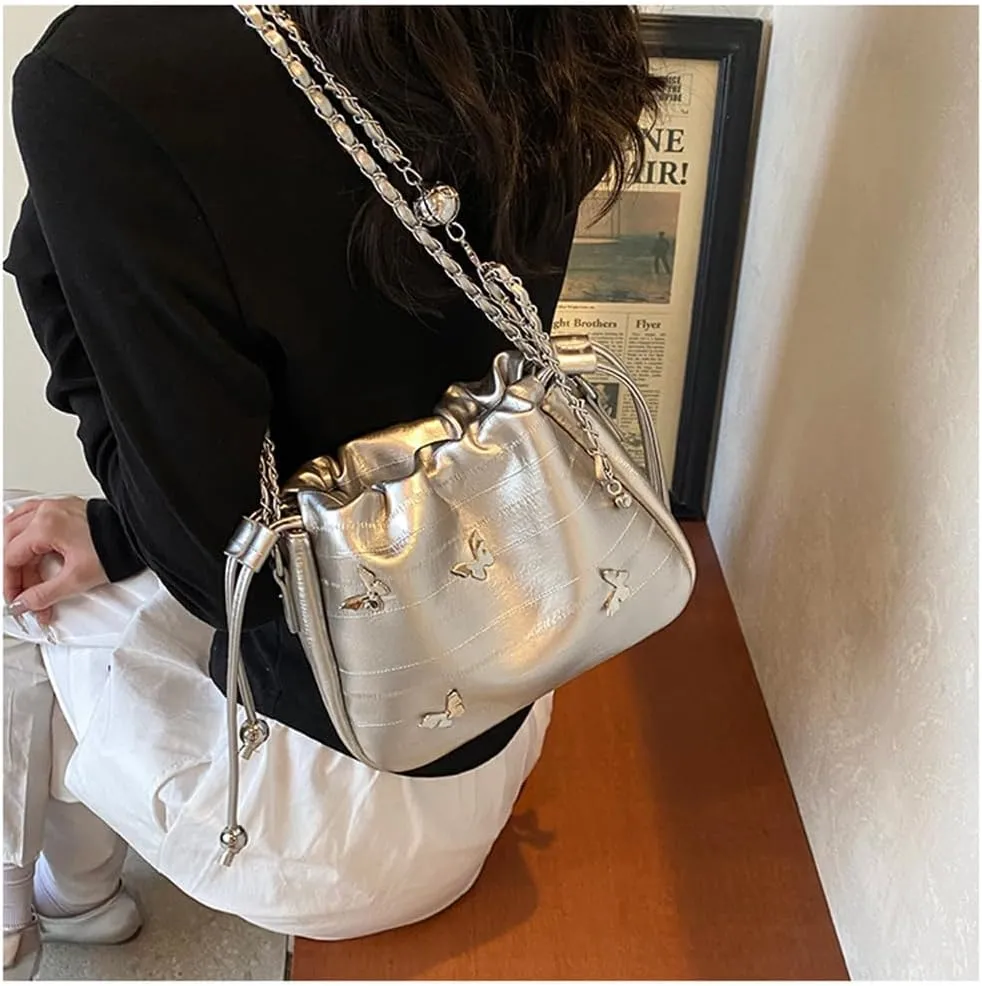 Small Leather Butterfly Drawstring Bucket Bag for Women Satchel Hobo Bucket Handbag and Purse Y2k Hobo Bag with Chain